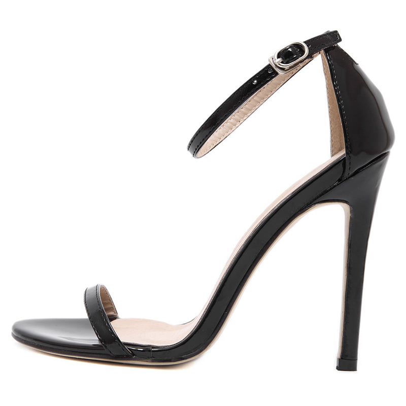 Red Room Barely-There Stilettos glossy black sandal in side profile