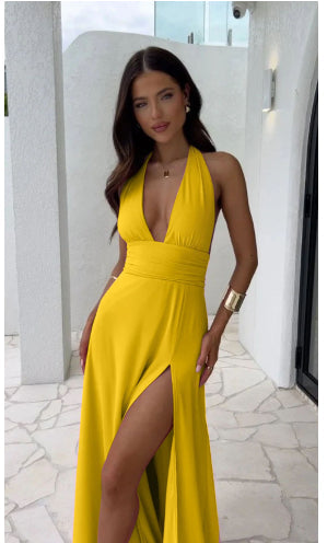 Yellow After Hours Plunge Maxi Dress full front view with halter neckline and thigh slit