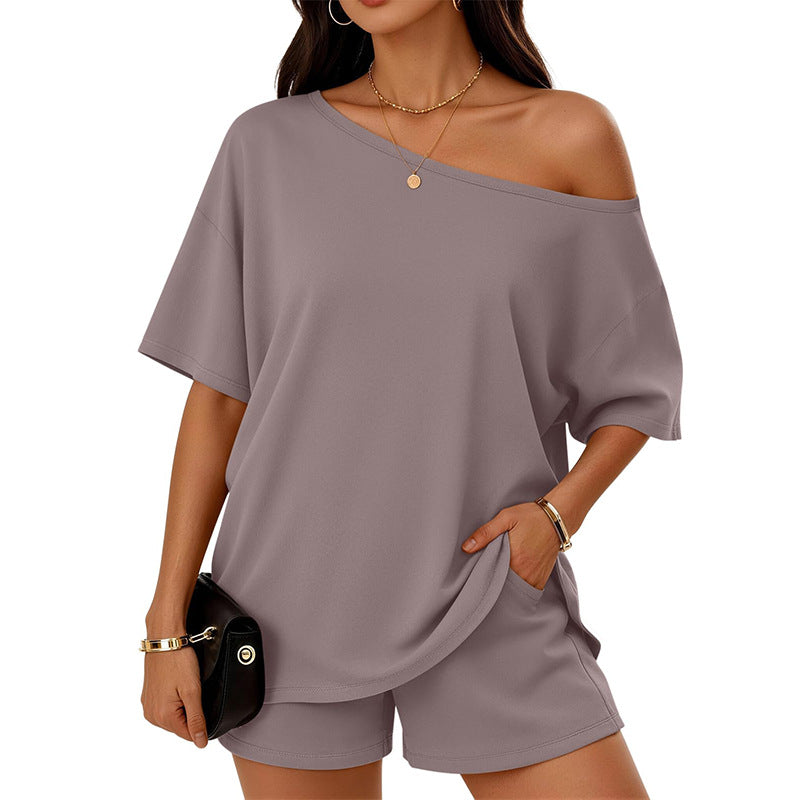 Taupe Shoulder Kiss tee and shorts set, front view.