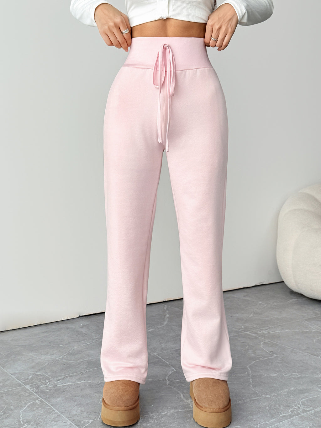 Pink Power Pants front view in pale baby pink