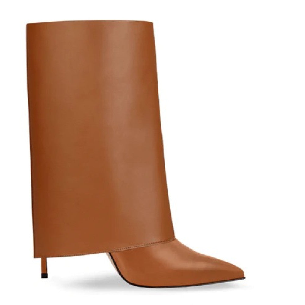 Brown leather-look pointed-toe slouch stiletto boot product view