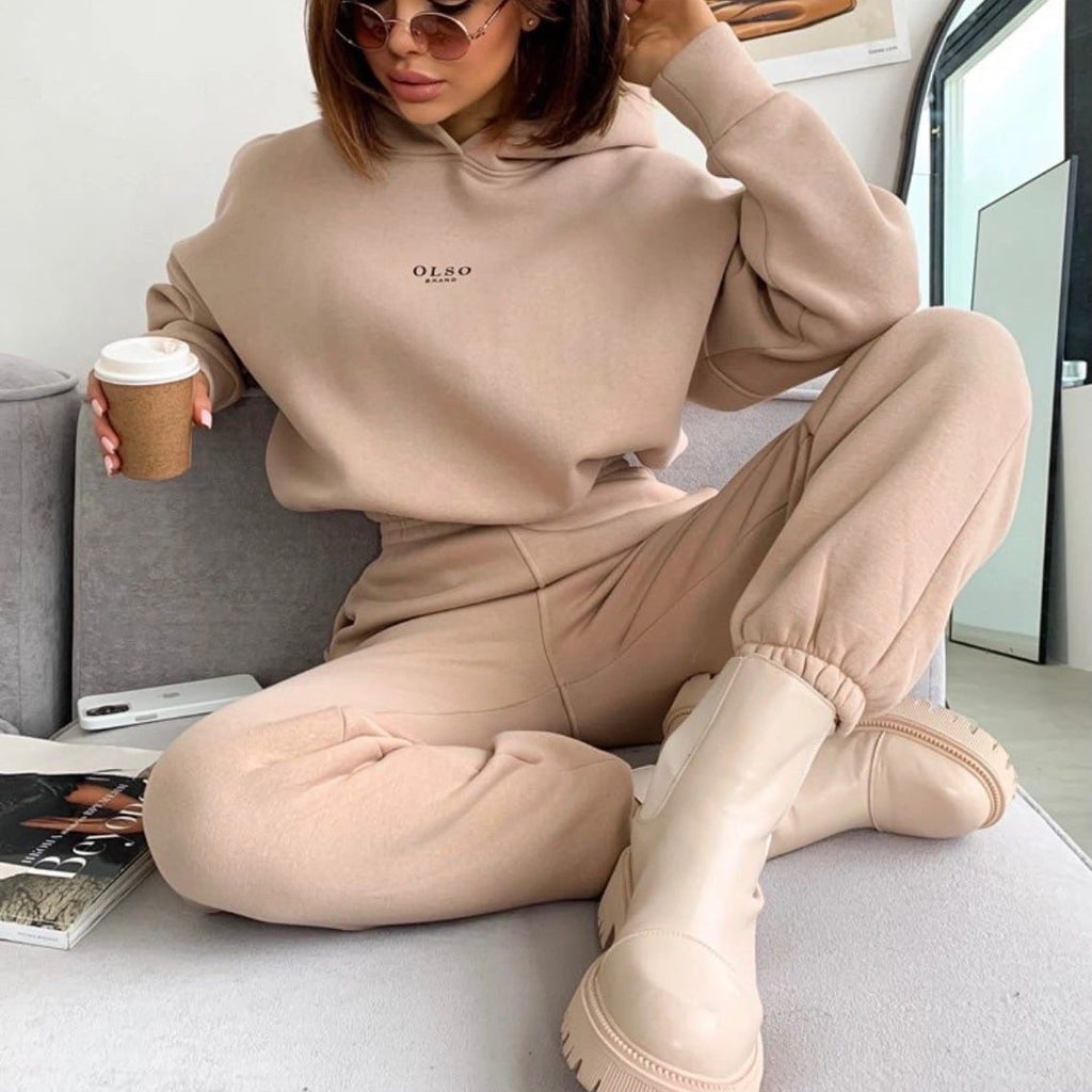 Dark khaki Soft Life hooded lounge set seated front view