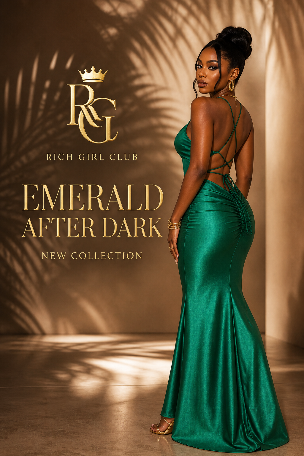Emerald After Dark Satin Maxi Dress — Rich Girl Club campaign hero
