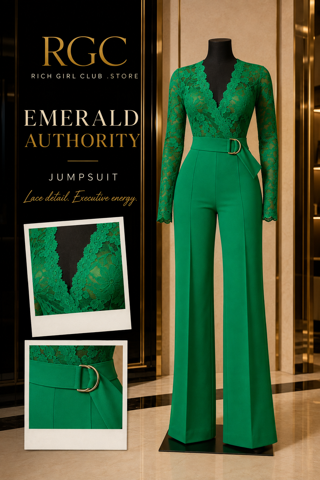 Emerald Authority Jumpsuit RGC mannequin lace and belt detail
