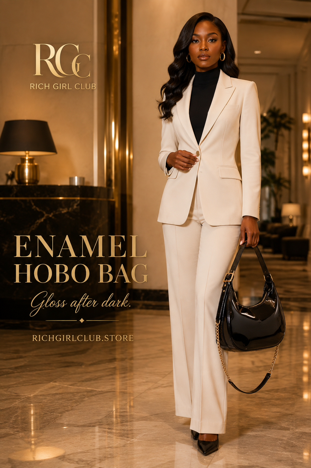 RGC campaign hero showing a Black model carrying the glossy black Enamel Hobo Bag
