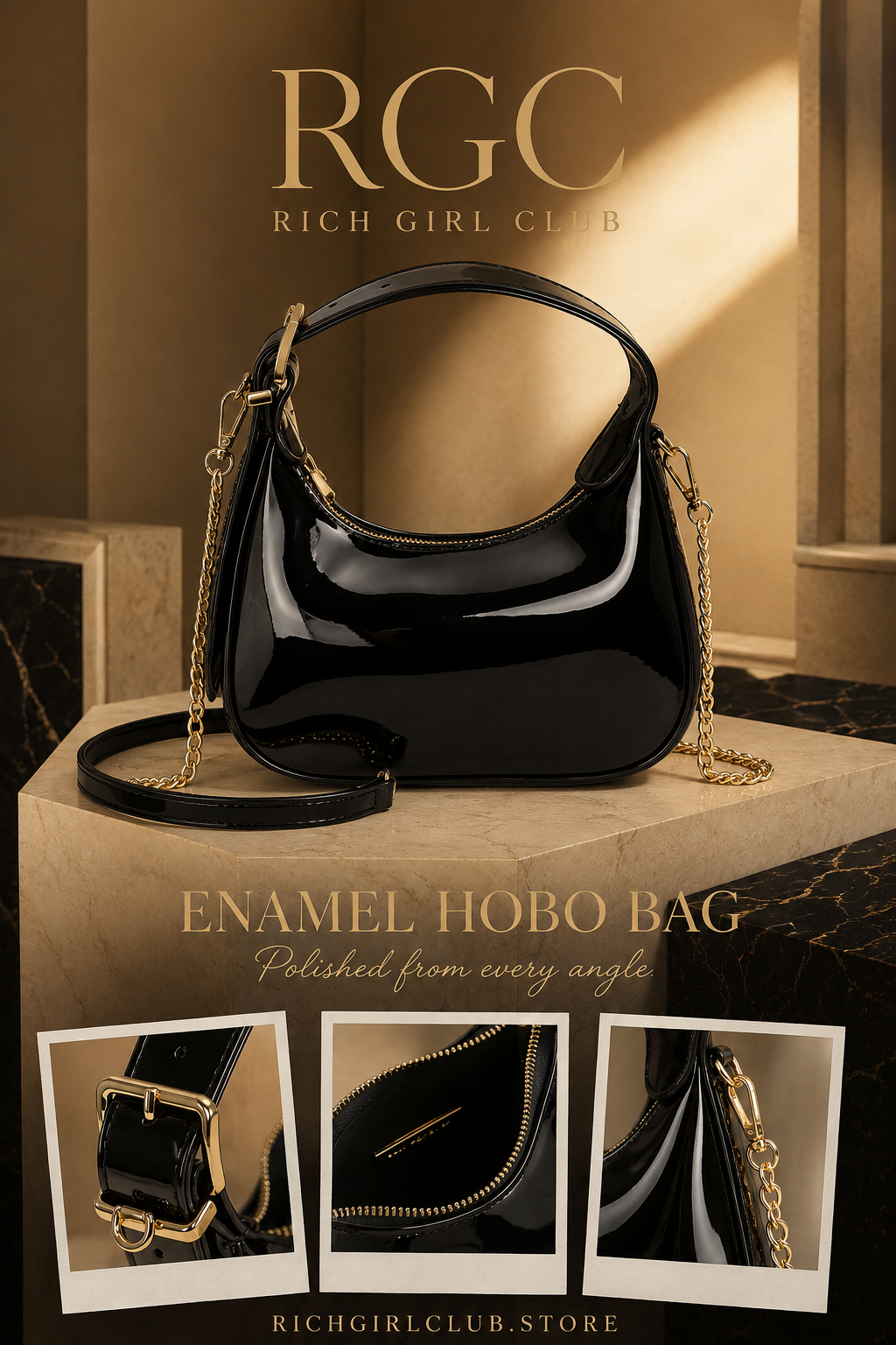 RGC product detail campaign for the black Enamel Hobo Bag showing glossy finish, zipper, buckle and chain strap