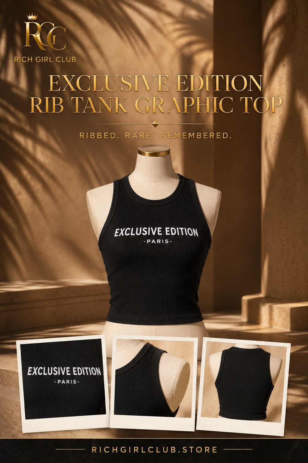 RGC mannequin detail campaign showing the black Exclusive Edition Rib Tank Graphic Top, rib texture, bound neckline, graphic, and plain back