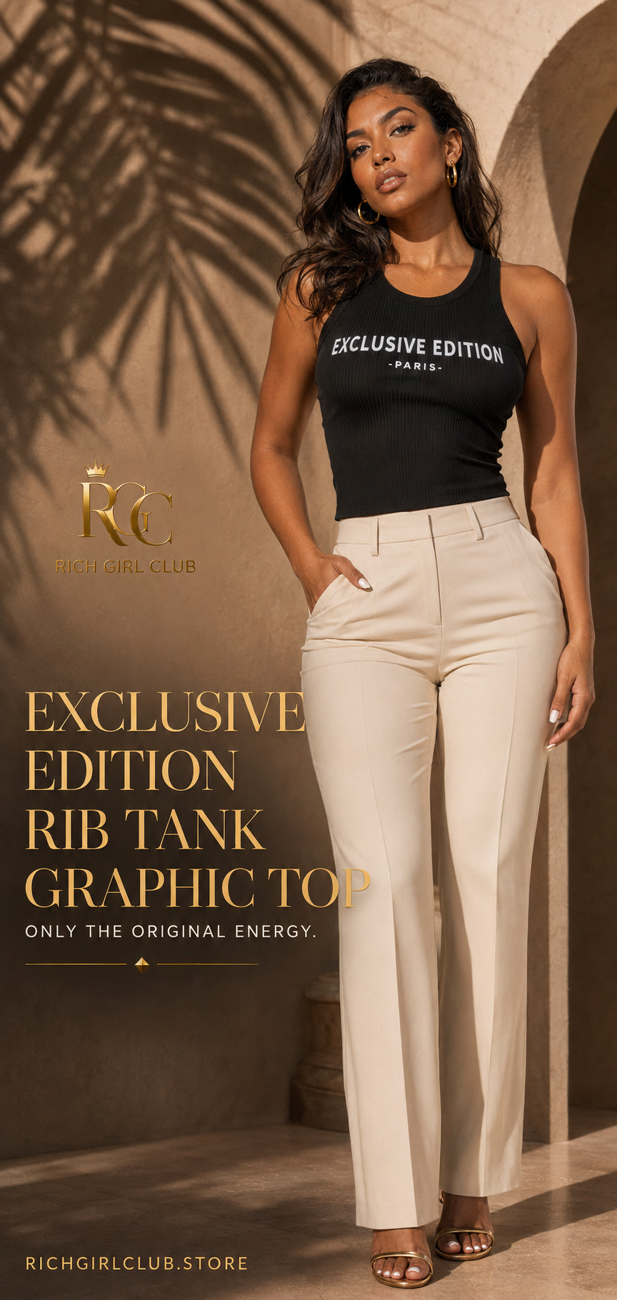 RGC campaign model wearing the black Exclusive Edition Rib Tank Graphic Top with cream tailored trousers