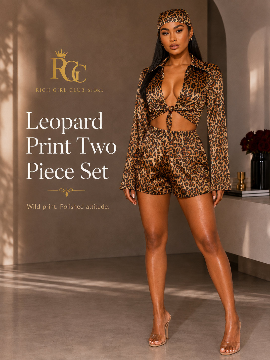 Rich Girl Club campaign hero for the Leopard Authority Tie-Front Short Set in leopard print