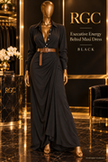 RGC Rich Girl Club Executive Energy Belted Maxi Dress in Black on curvy bronze Viper mannequin, styled digital visualization