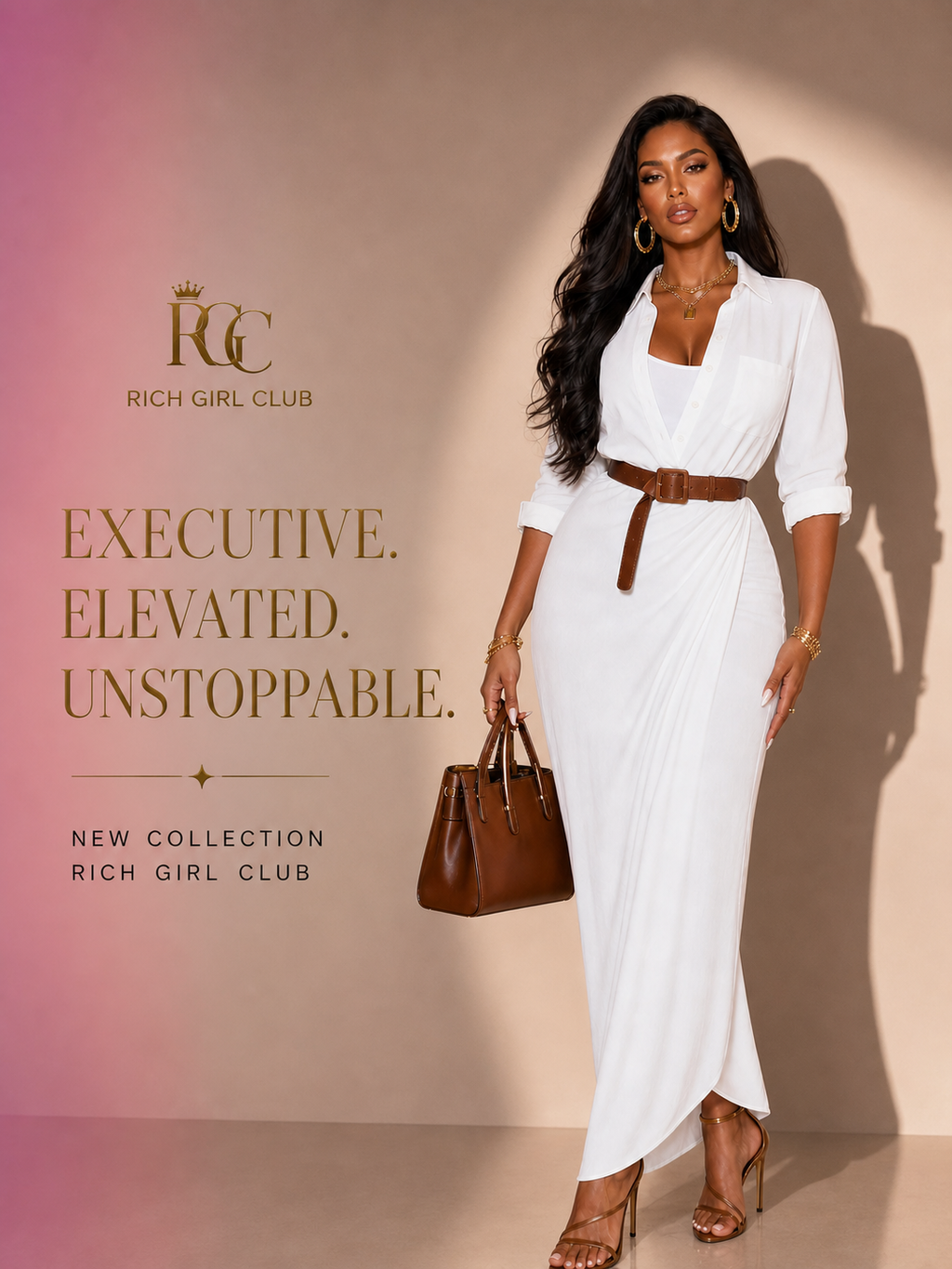 Executive Energy Belted Maxi Dress Rich Girl Club editorial campaign