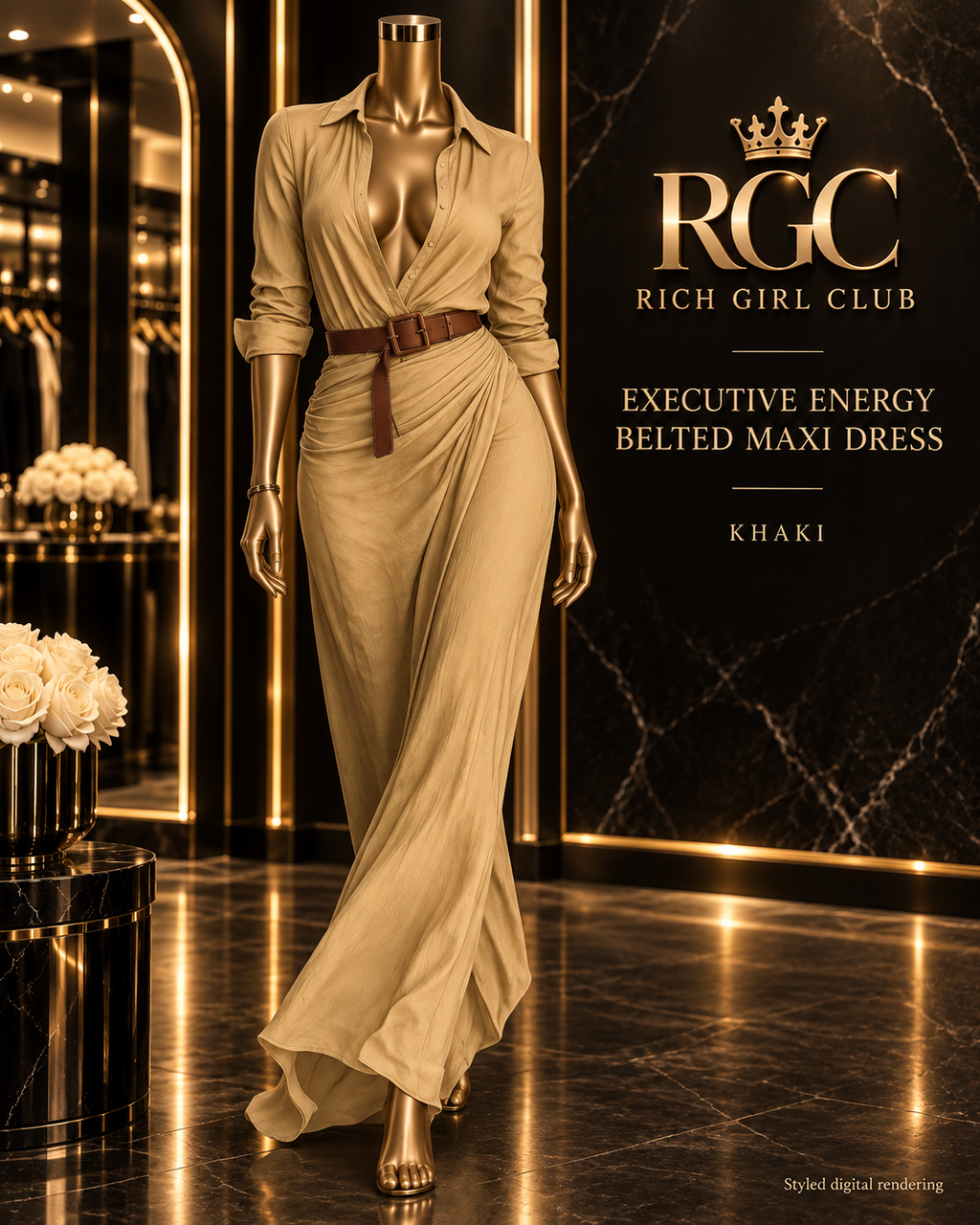 RGC Rich Girl Club Executive Energy Belted Maxi Dress in Khaki on curvy bronze Viper mannequin, styled digital visualization