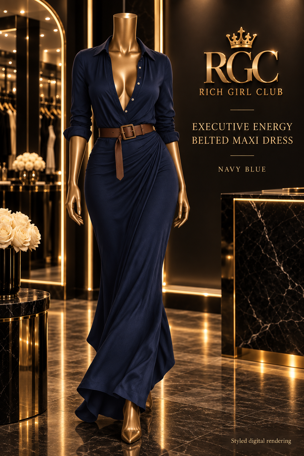 RGC Rich Girl Club Executive Energy Belted Maxi Dress in Navy Blue on curvy bronze Viper mannequin, styled digital visualization