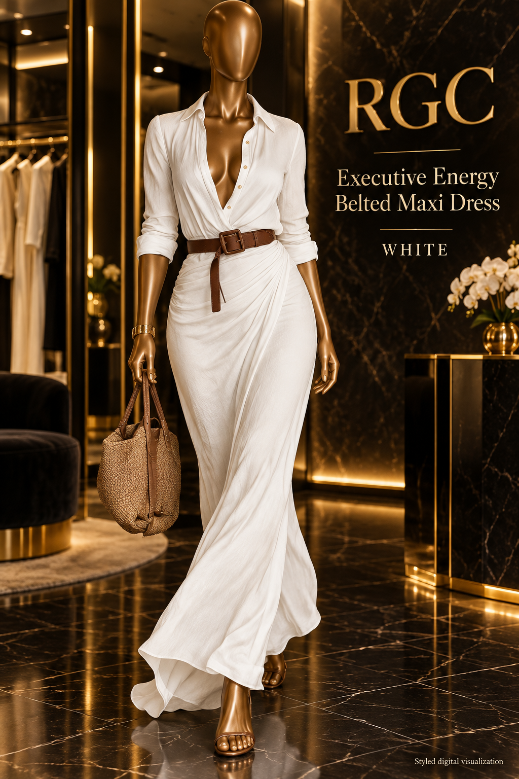 RGC Rich Girl Club Executive Energy Belted Maxi Dress in White on curvy bronze Viper mannequin, styled digital visualization