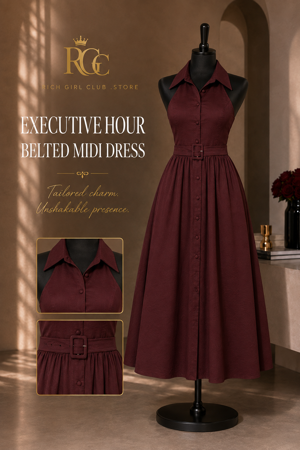 RGC mannequin detail campaign for the burgundy Executive Hour Belted Midi Dress showing collar, covered buttons, belt, and gathered waist