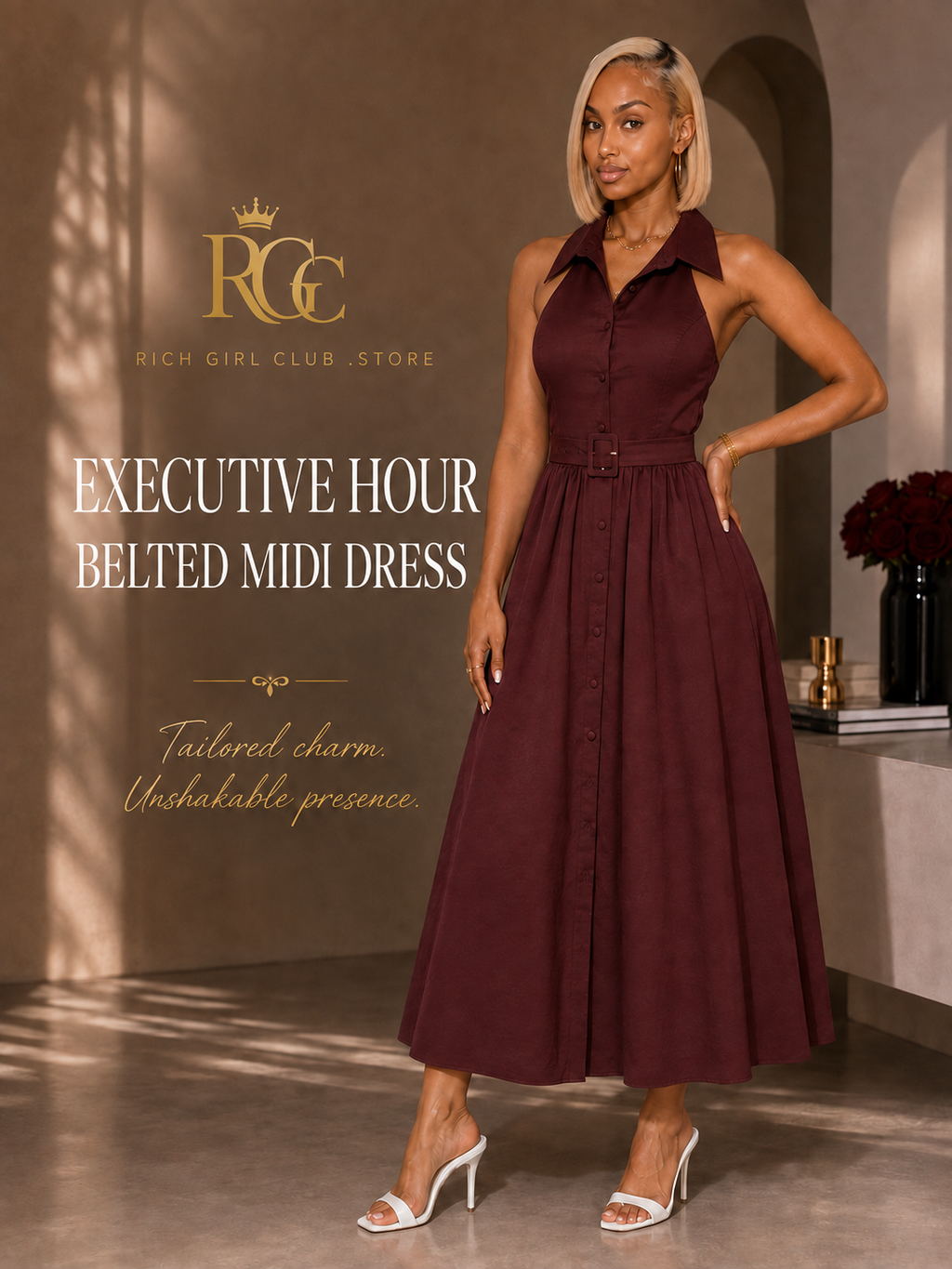 RGC campaign model wearing the burgundy Executive Hour Belted Midi Dress with pointed collar, covered buttons, matching belt, and full A-line skirt