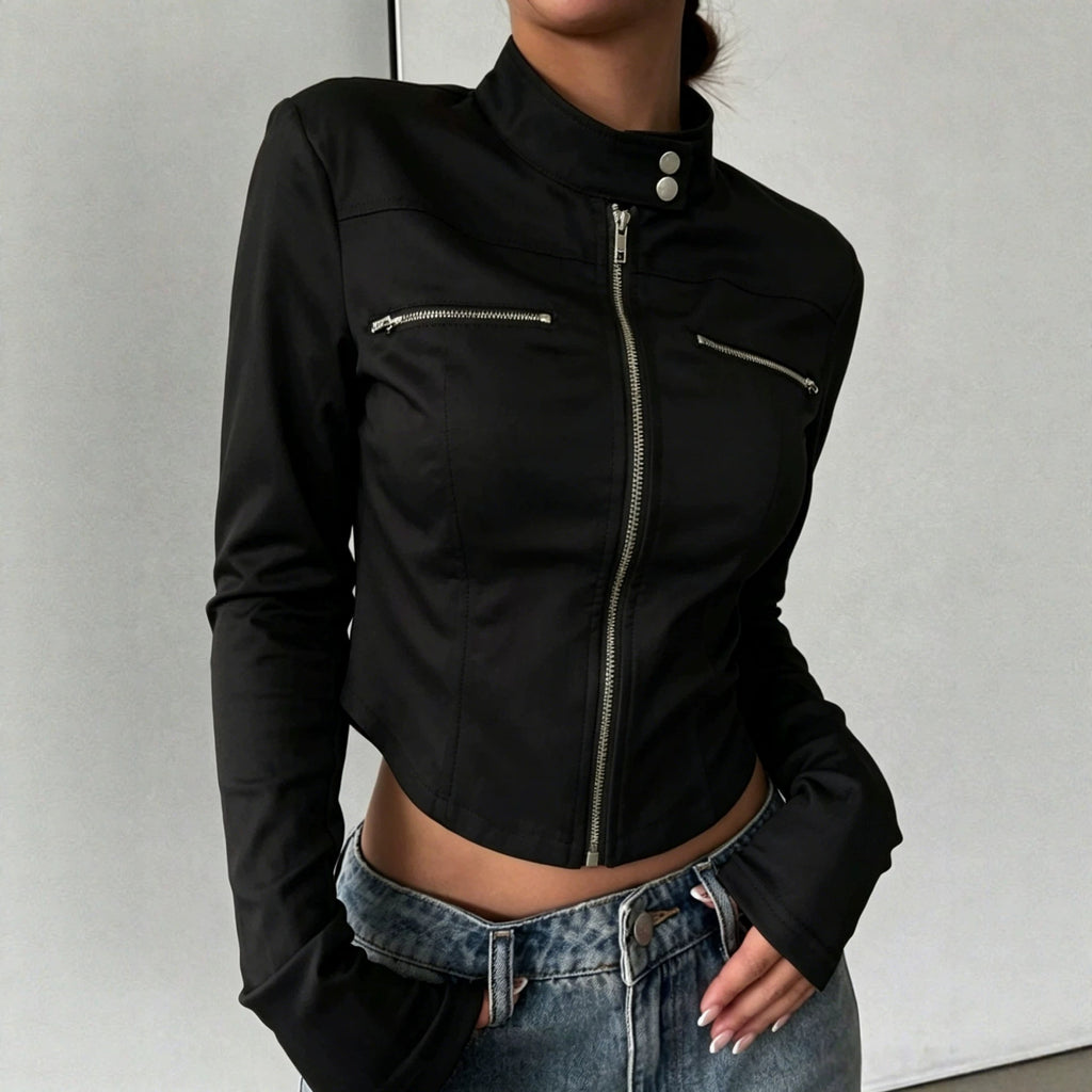 Adult model wearing the fitted black Silver Circuit Zip Jacket zipped closed with blue jeans.