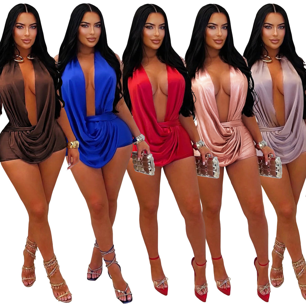 Five-color comparison showing the Deep End Draped Romper in brown, blue, red, rose gold, and purple.