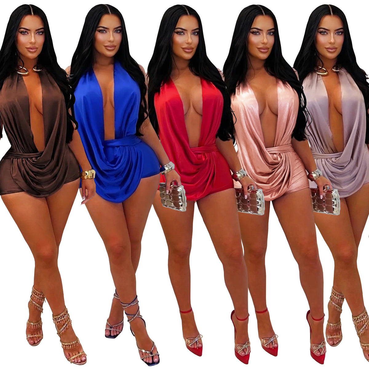 Five-color comparison showing the Deep End Draped Romper in brown, blue, red, rose gold, and purple.