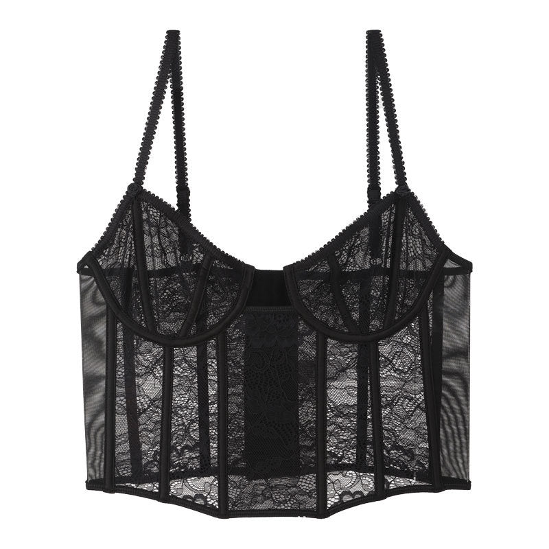 Black lace corset bra, front product view
