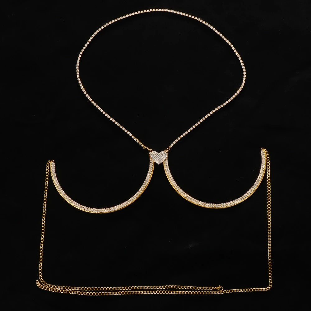 Gold Diamond Detail Body Chain laid flat with rhinestone neck strand, heart center, curved arcs, and waist chain