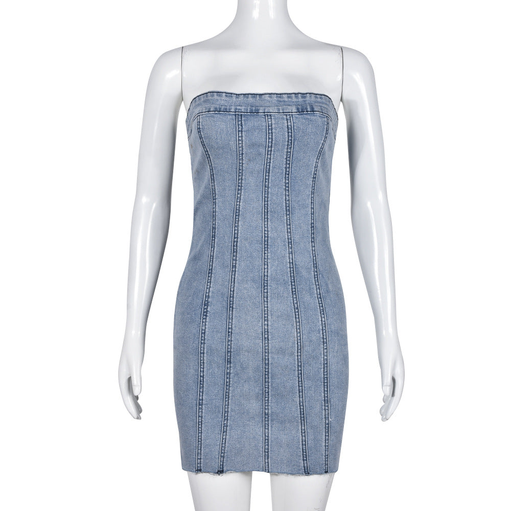 Penthouse Denim Tube Mini Dress supplier image 7 showing garment color and construction