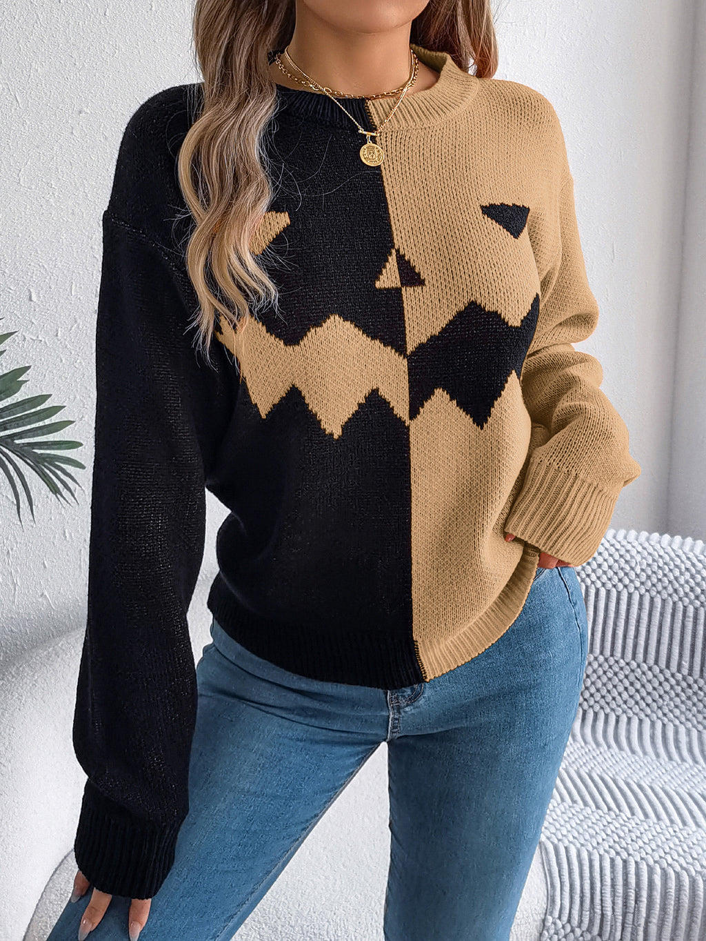 Ghosted & Gorgeous Khaki and black sweater front