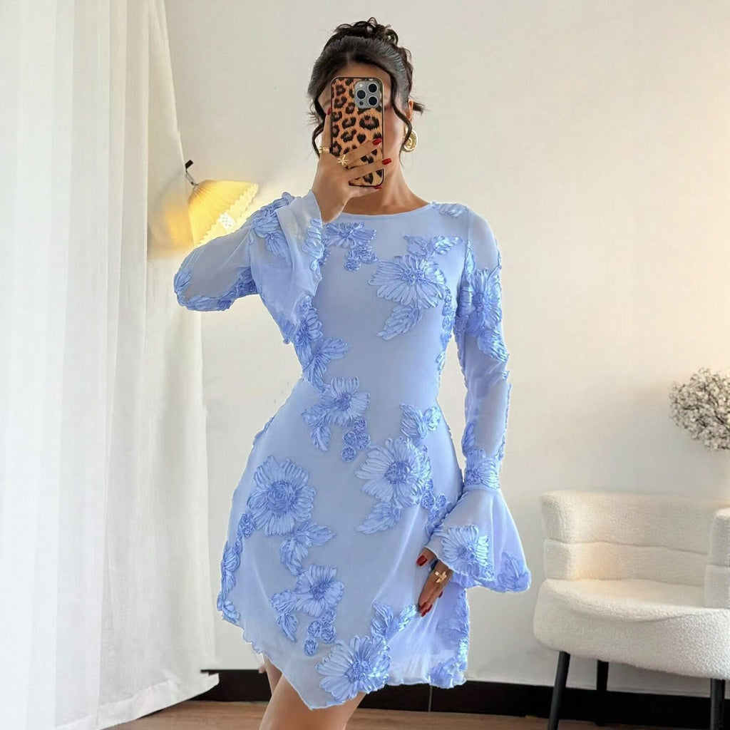 Blue Bloom Fantasy Mini Dress front three-quarter view showing the fitted bodice and softly flared skirt