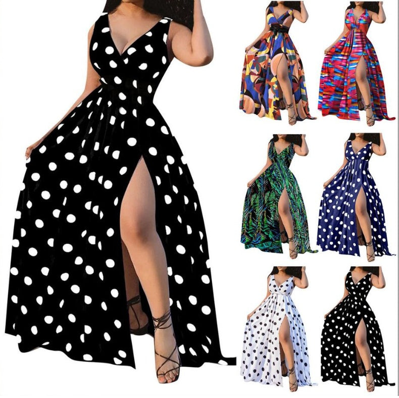 Black, blue and white polka-dot maxi dress colorway collage; belts shown are styling only and not included.