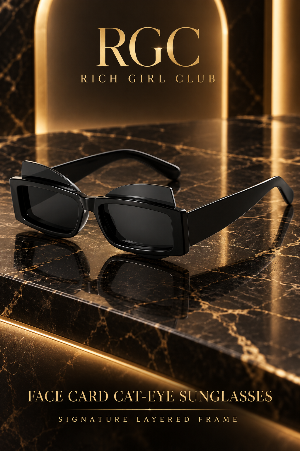 Close-up of black Face Card Cat-Eye Sunglasses showing the raised layered wing frame, thick temples, and dark lenses.