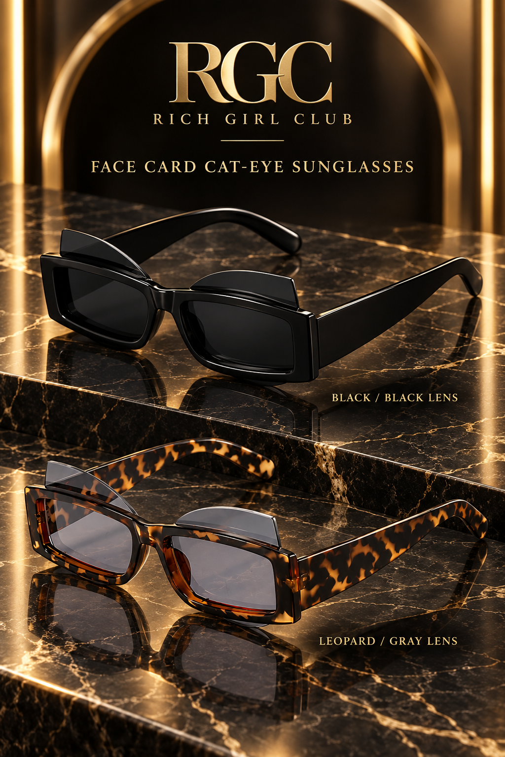 Face Card Cat-Eye Sunglasses in black with black lenses and leopard with gray lenses on a black marble Rich Girl Club display.