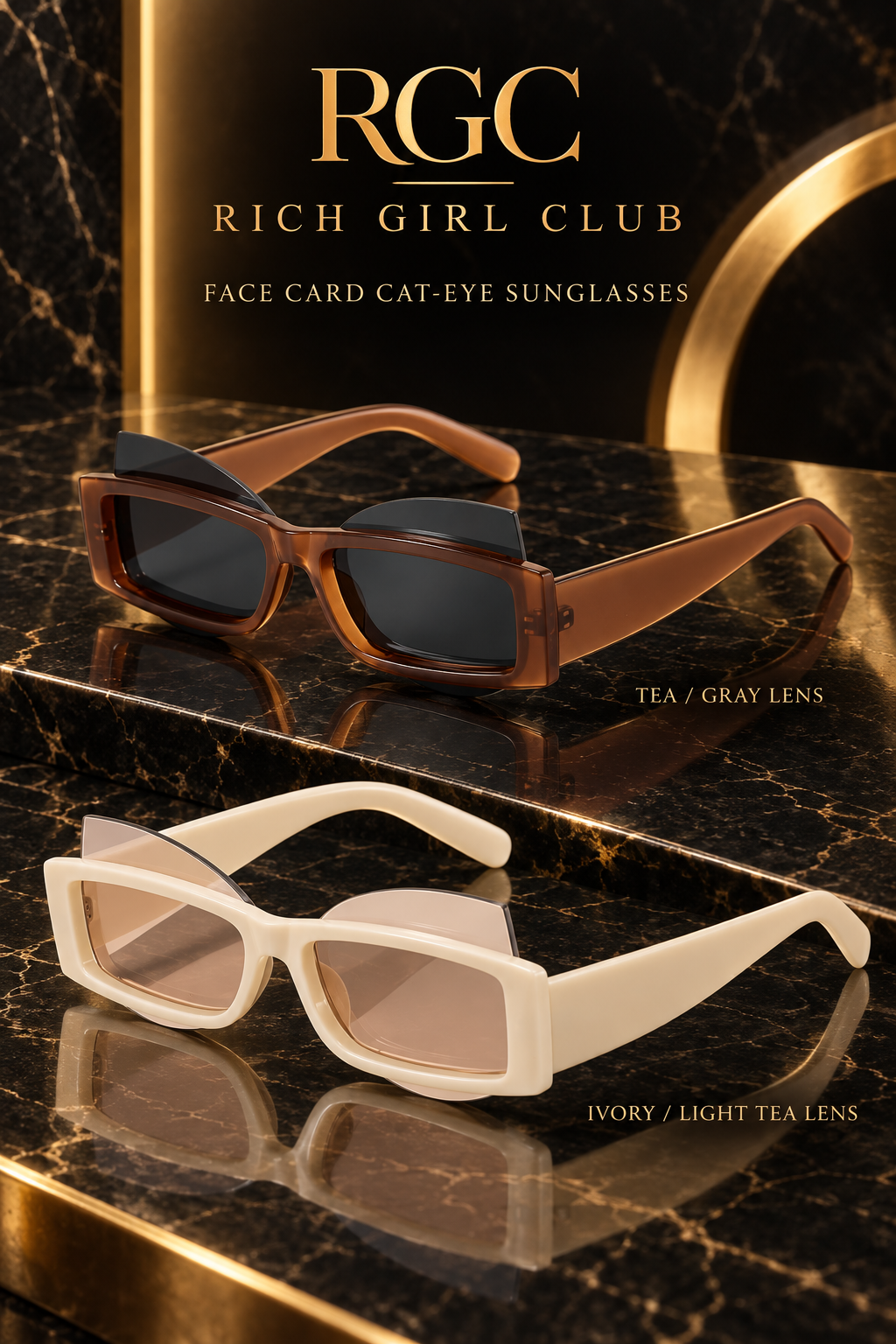Face Card Cat-Eye Sunglasses in tea brown with gray lenses and creamy ivory with light tea lenses on a black marble Rich Girl Club display.