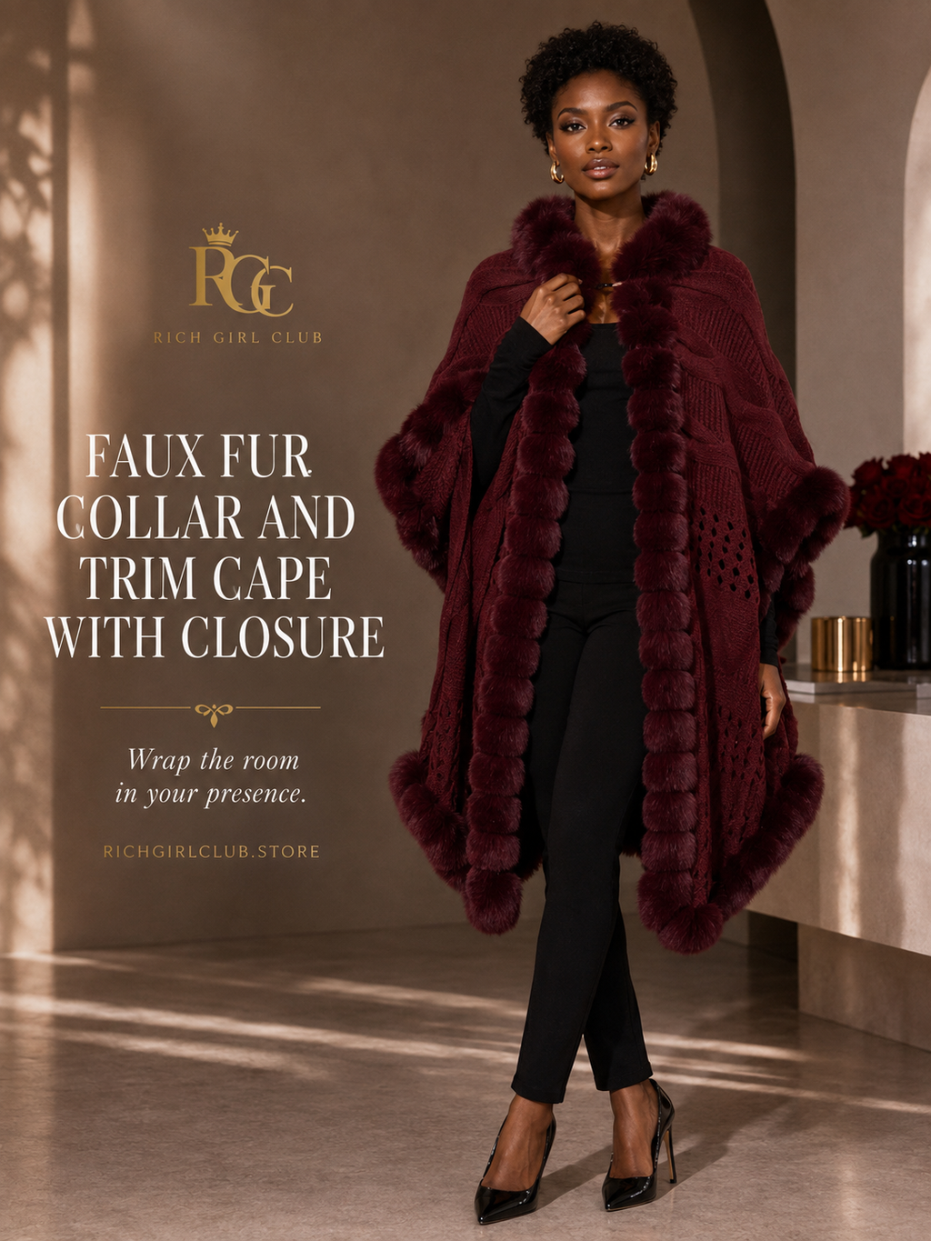 Rich Girl Club campaign model wearing the burgundy Faux Fur Collar And Trim Cape With Closure
