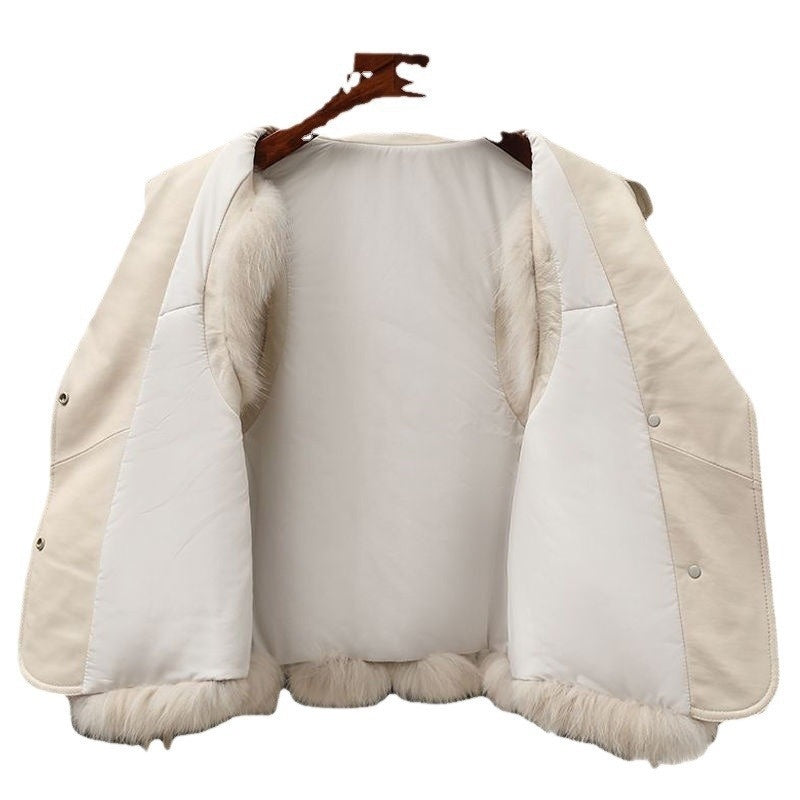 White Soft Power Faux-Fur Vest opened to show the interior and sleeveless construction.
