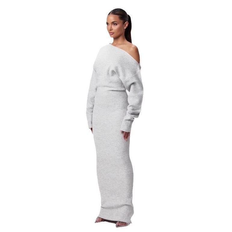 Adult model wearing the light gray Shoulder Kiss Column Dress, front view.