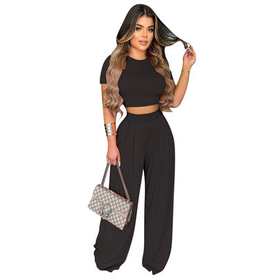 First Class Wide-Leg Set view of the cropped short-sleeve top and matching high-waist wide-leg trousers (image 2).