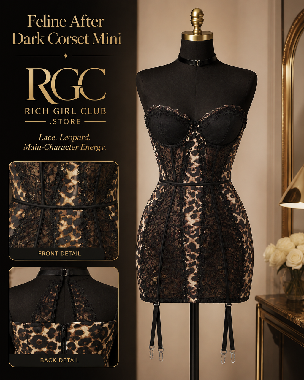 Feline After Dark Corset Mini RGC mannequin campaign with front textile and back closure details