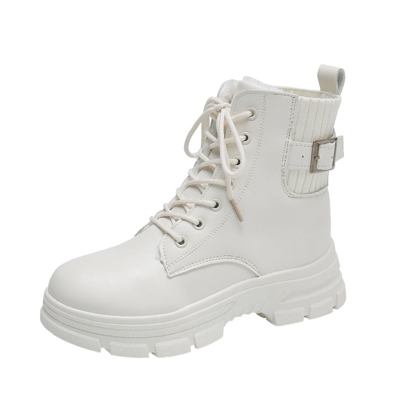 Beige Cold Front Buckle Combat Boot product view showing laces, round toe and side buckle