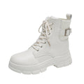 Beige Cold Front Buckle Combat Boot product view showing laces, round toe and side buckle