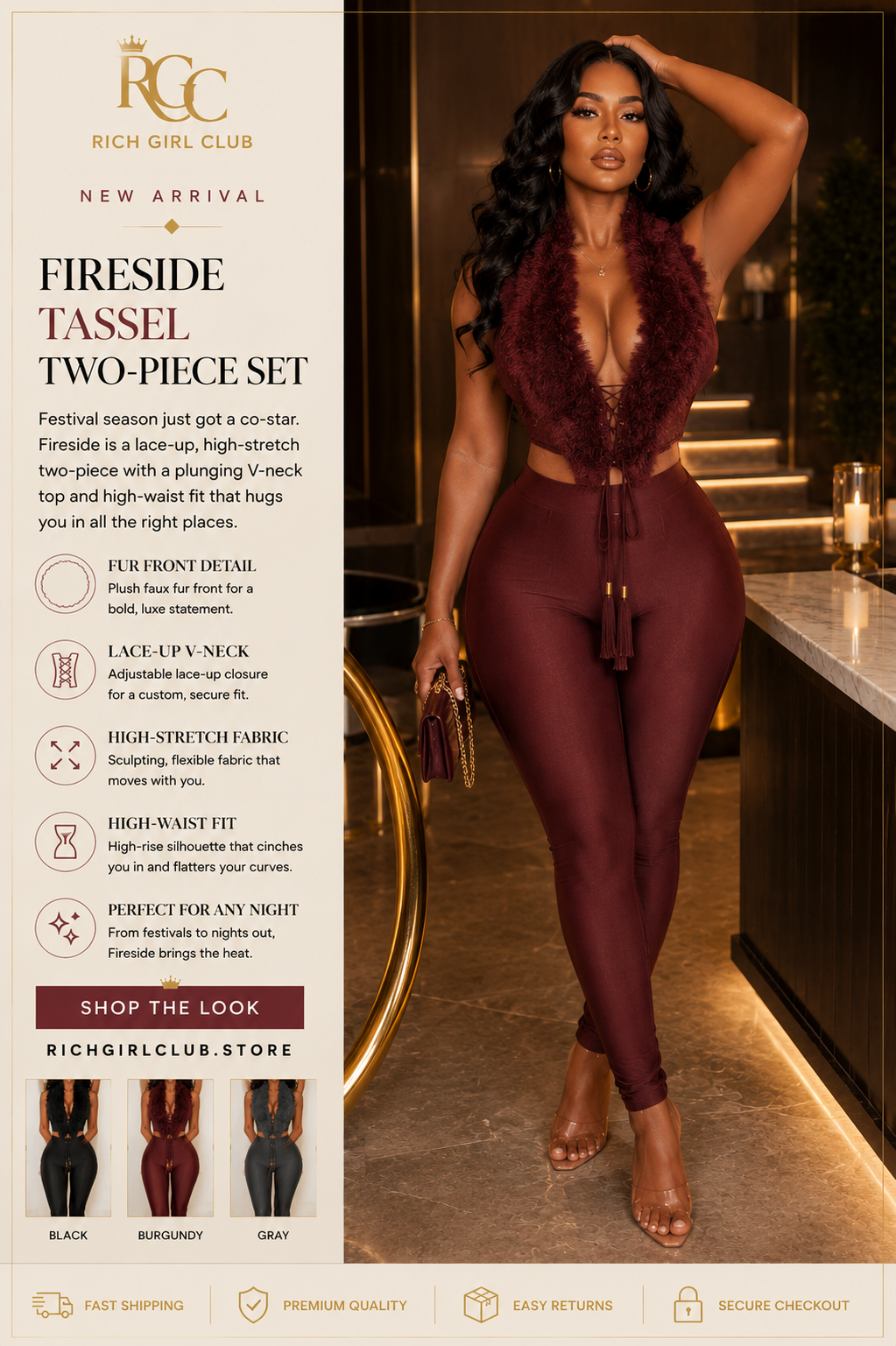 Fireside Tassel Two-Piece Set - New Arrival lifestyle ad photo, burgundy fur-trim lace-up top and leggings