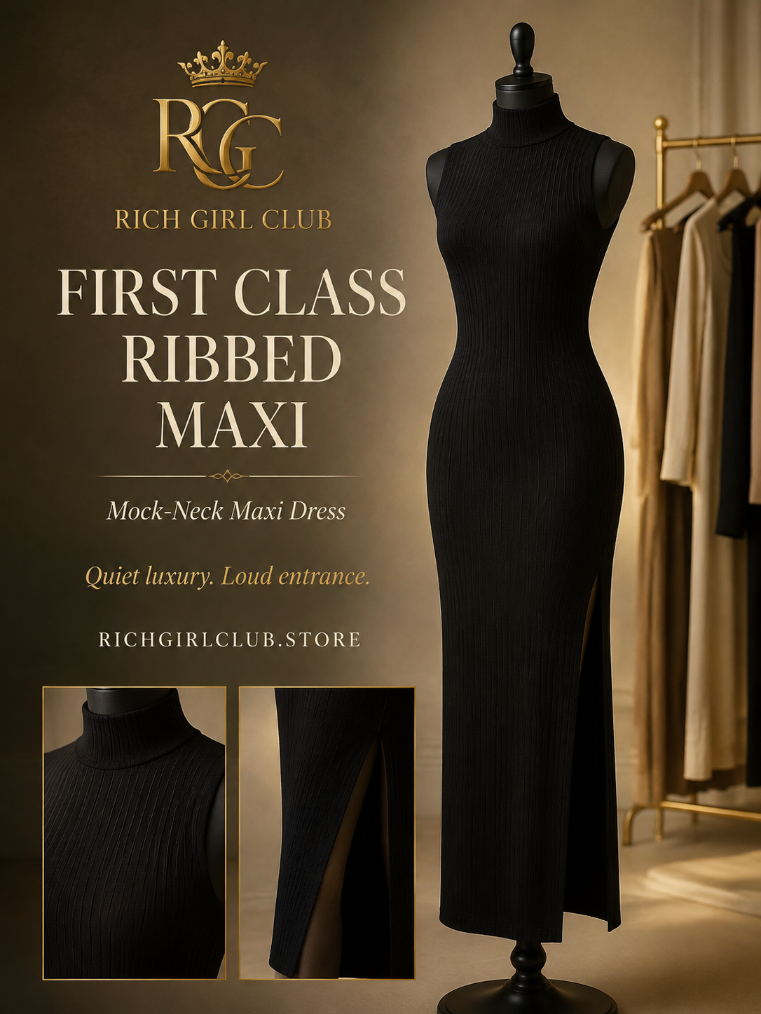 First Class Ribbed Maxi black mock-neck dress RGC mannequin detail campaign