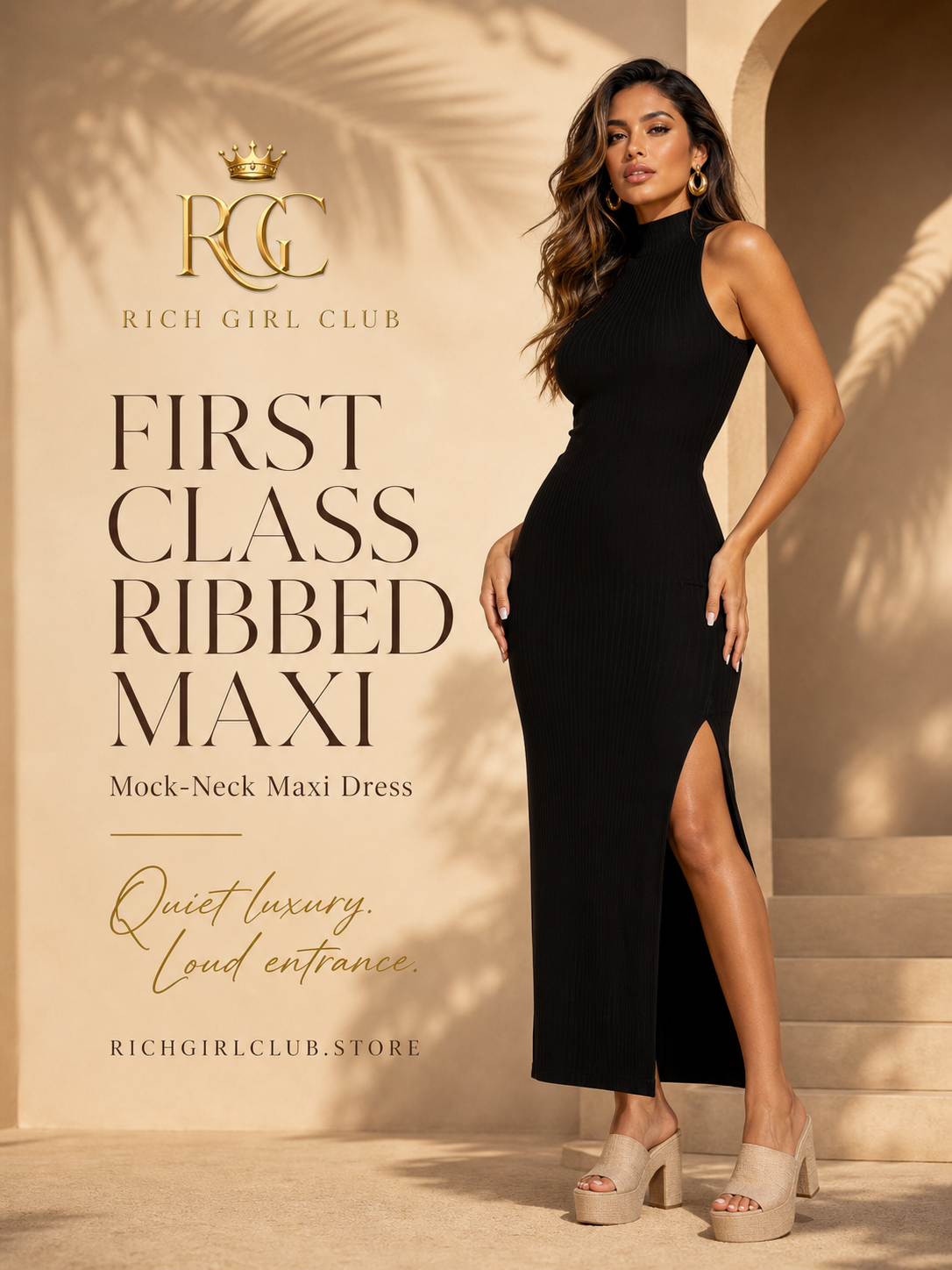 First Class Ribbed Maxi black mock-neck dress RGC model campaign hero