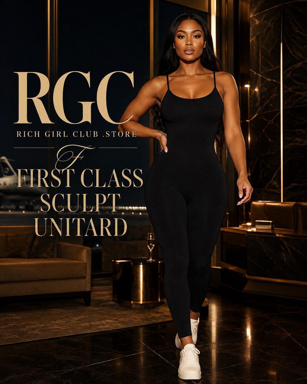 First Class Sculpt Unitard in black on a confident adult model in a luxury first-class airport lounge