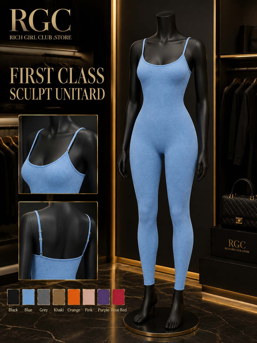 First Class Sculpt Unitard in blue on a black mannequin with adjustable strap, scoop-neck and open-back details