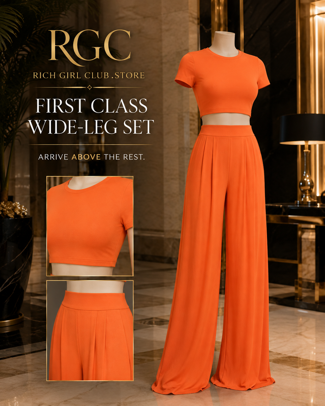 First Class Wide-Leg Set in orange on a cream mannequin in a luxury hotel atrium, highlighting the cropped top and pleated wide-leg trousers