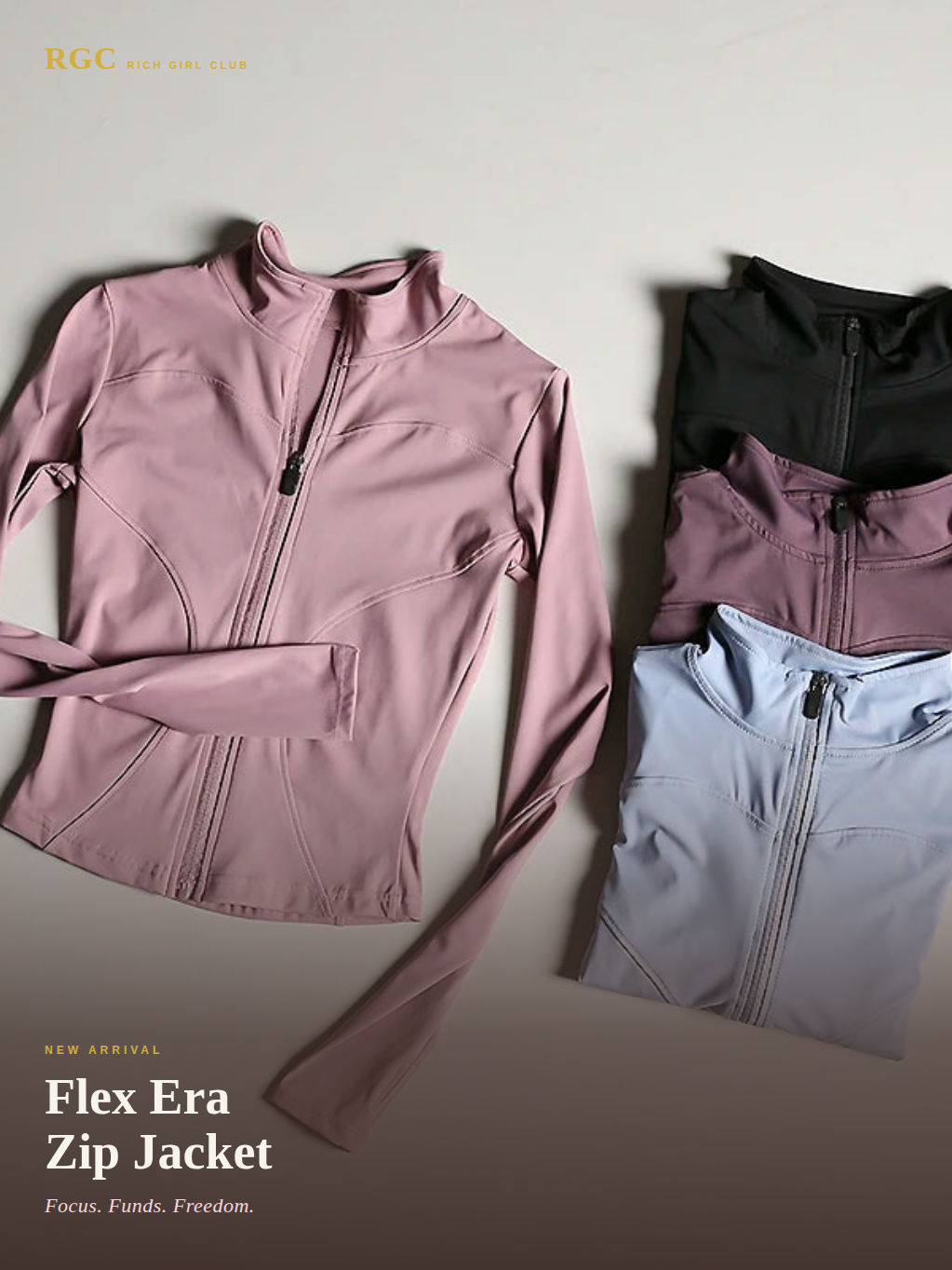 Flex Era Zip Jacket campaign flat lay showing dusty pink, black, mauve and light blue colorways