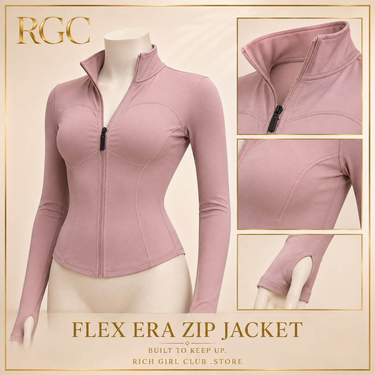 RGC mannequin detail of the dusty pink Flex Era Zip Jacket showing zipper, curved seams and thumbhole cuff