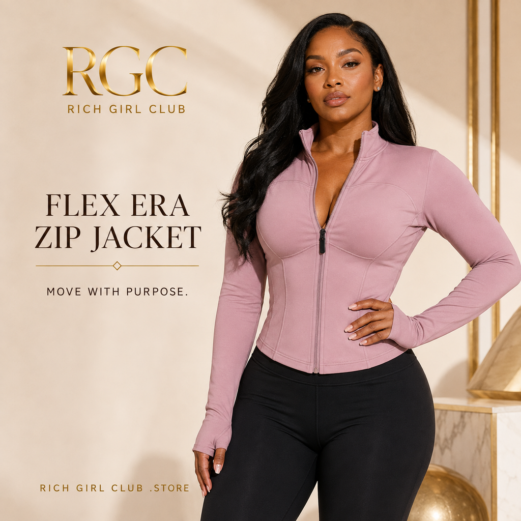 RGC campaign model wearing the dusty pink Flex Era Zip Jacket with stand collar and thumbhole cuffs