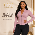 RGC campaign model wearing the dusty pink Flex Era Zip Jacket with stand collar and thumbhole cuffs