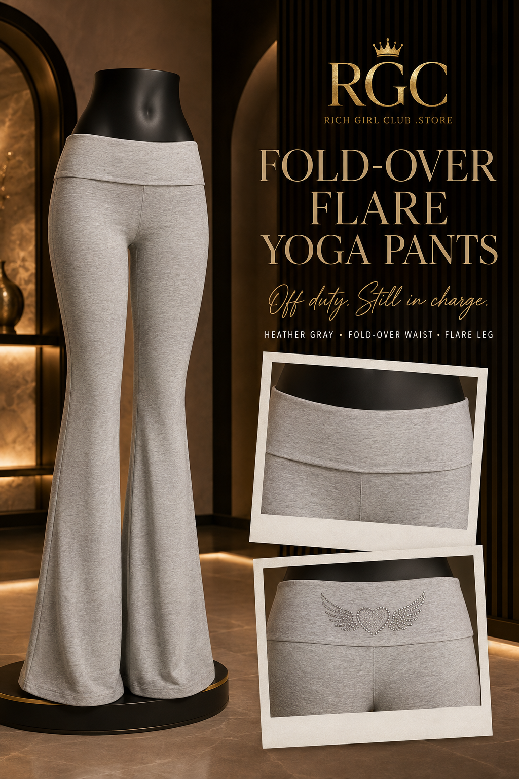 Fold-Over Flare Yoga Pants in heather gray on a black mannequin with front waistband and silver winged-heart back detail frames